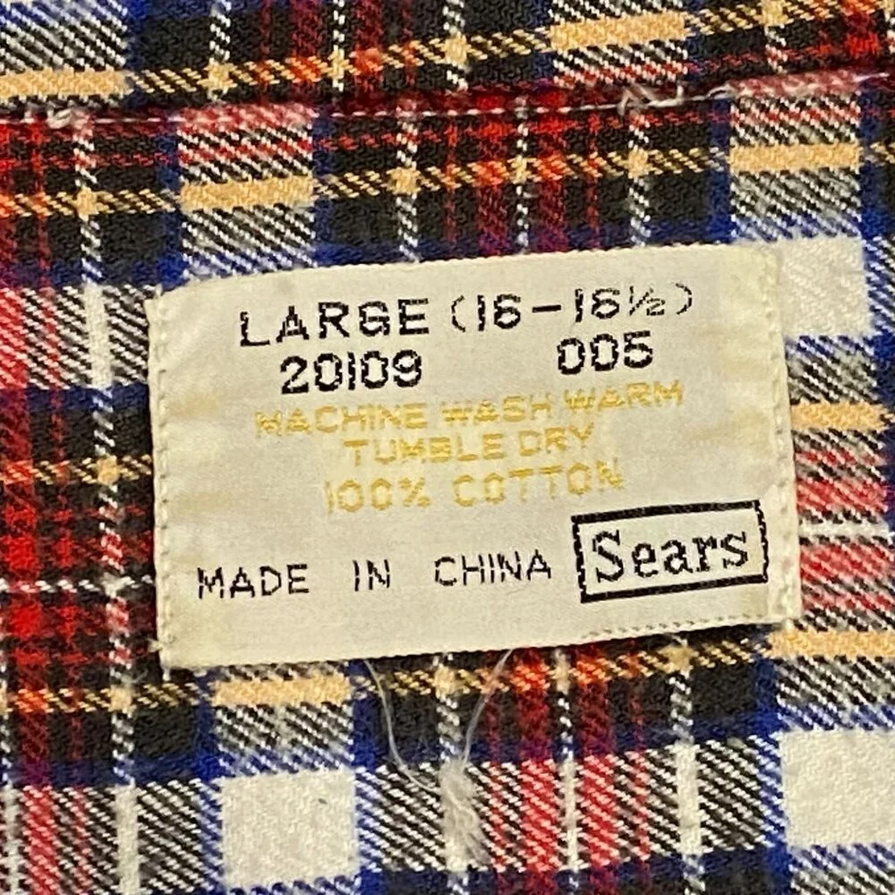 Vintage Sears Red Plaid Flannel Shirt Mens Size L Long Sleeve Button Up